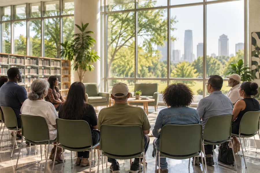Illustrative neighbourhood meeting with residents around a table