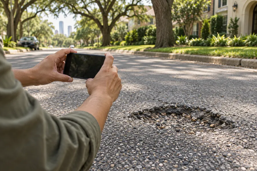 Illustrative Houston residential street and sidewalk in daylight