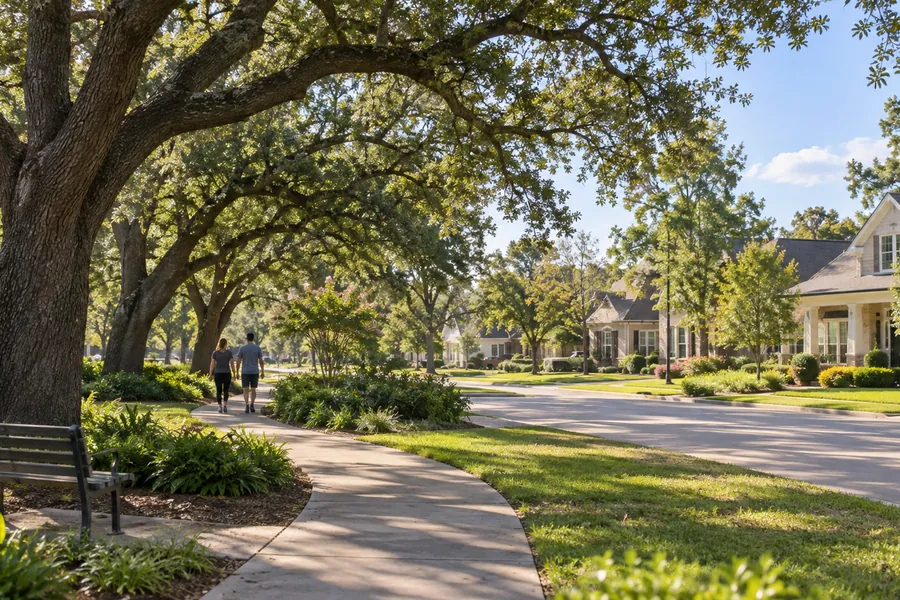 Illustrative leafy Houston neighbourhood street with homes and front porches