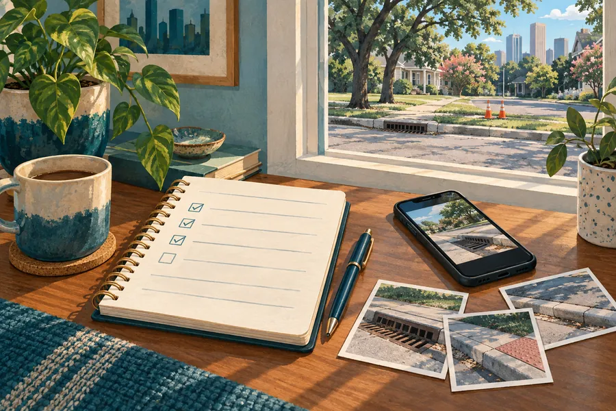 A notebook, phone and photo cards arranged beside a window overlooking a neighborhood street.