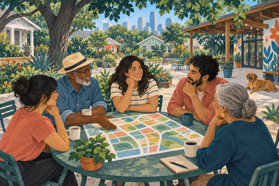 Neighbors gathering around a table with an abstract neighborhood map beneath leafy trees.