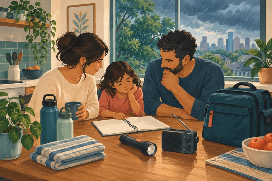 A family planning together at a kitchen table with emergency supplies as rain gathers outside.
