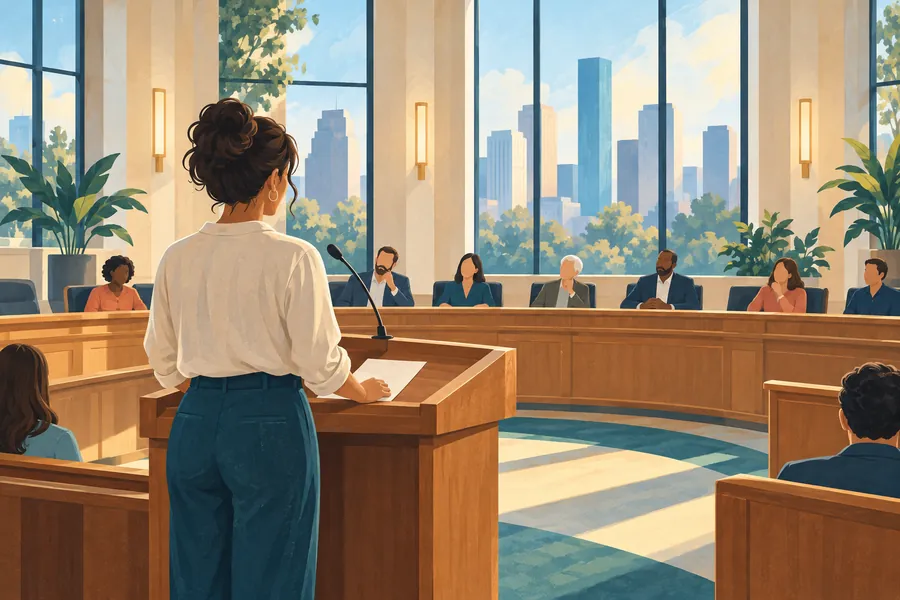 An anonymous resident speaking at a microphone in an illustrated civic meeting room.